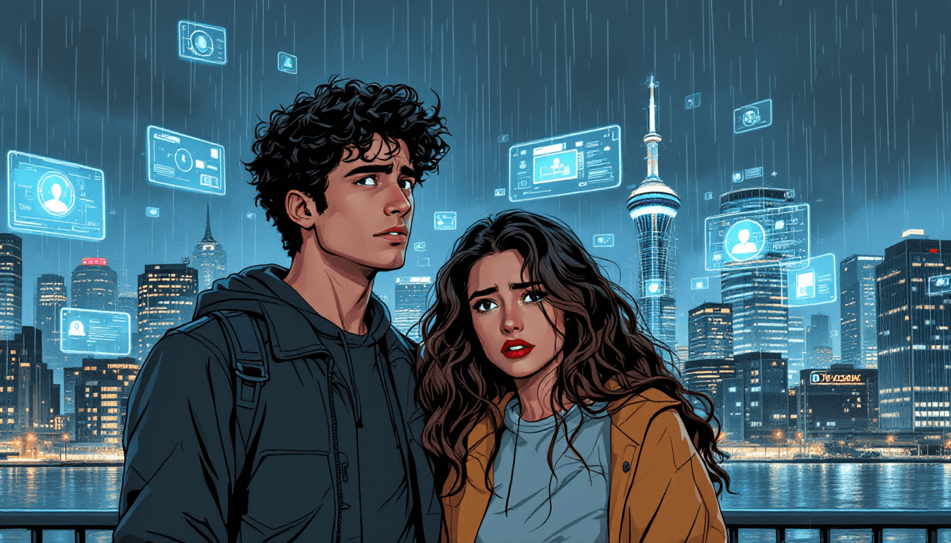 Melany y Erik bajo la lluvia en Vancouver rodeados de pantallas holográficas con herramientas de IA