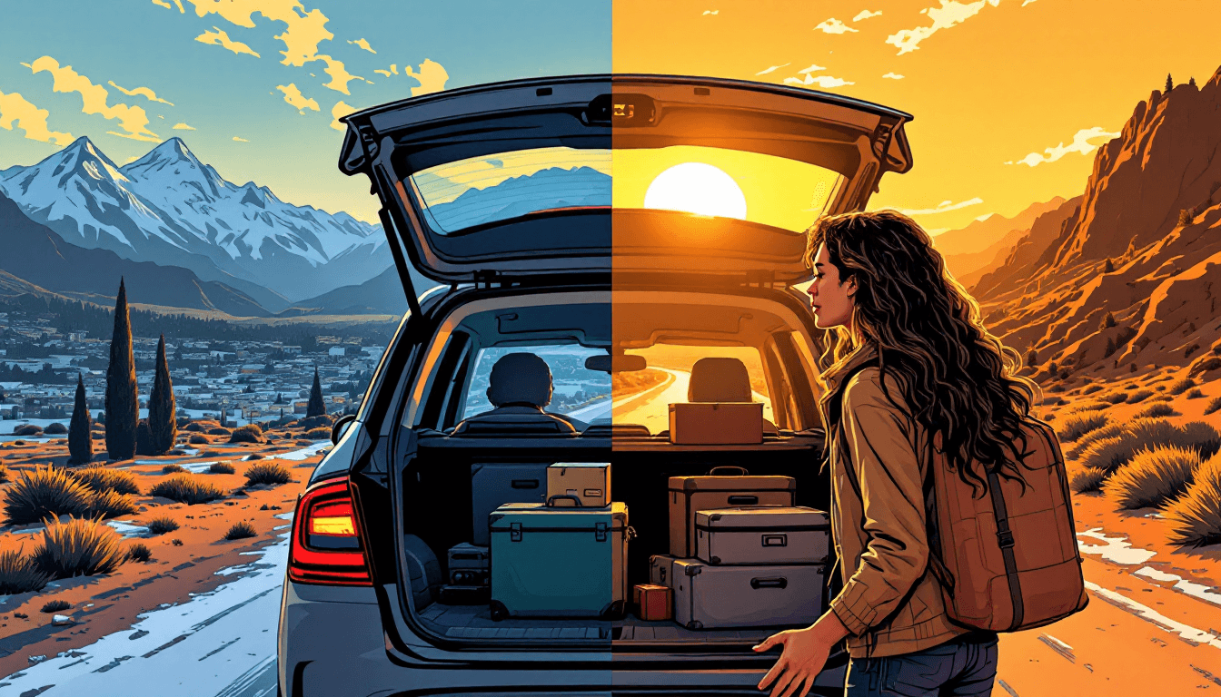 Composición dividida: Canadá nevado a la izquierda y México cálido a la derecha con maletas y un auto en el camino
