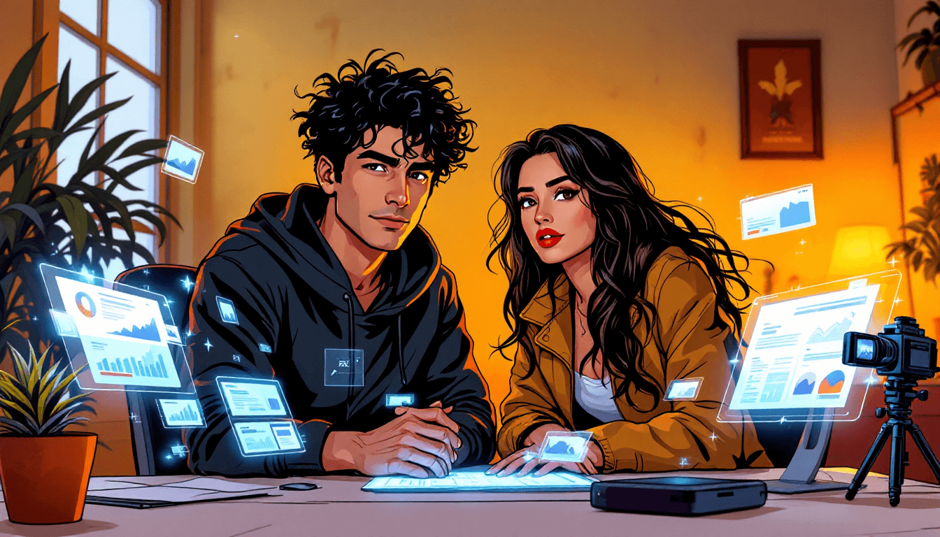 Melany y Erik trabajando juntos en un escritorio en México con pantallas mostrando sitios web, analytics y redes sociales